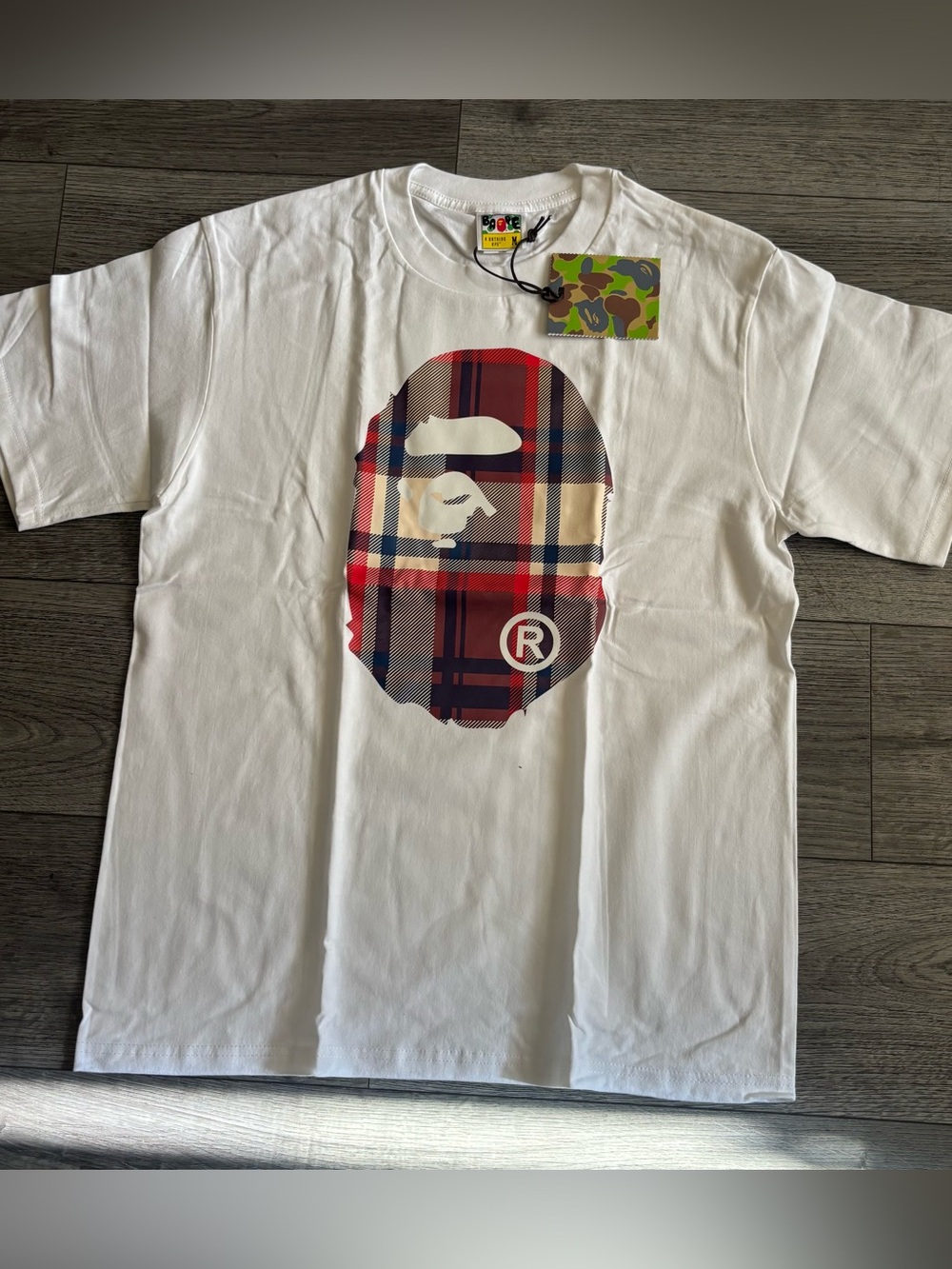 Bape White Tee with Red Navy Plaid Ape Head